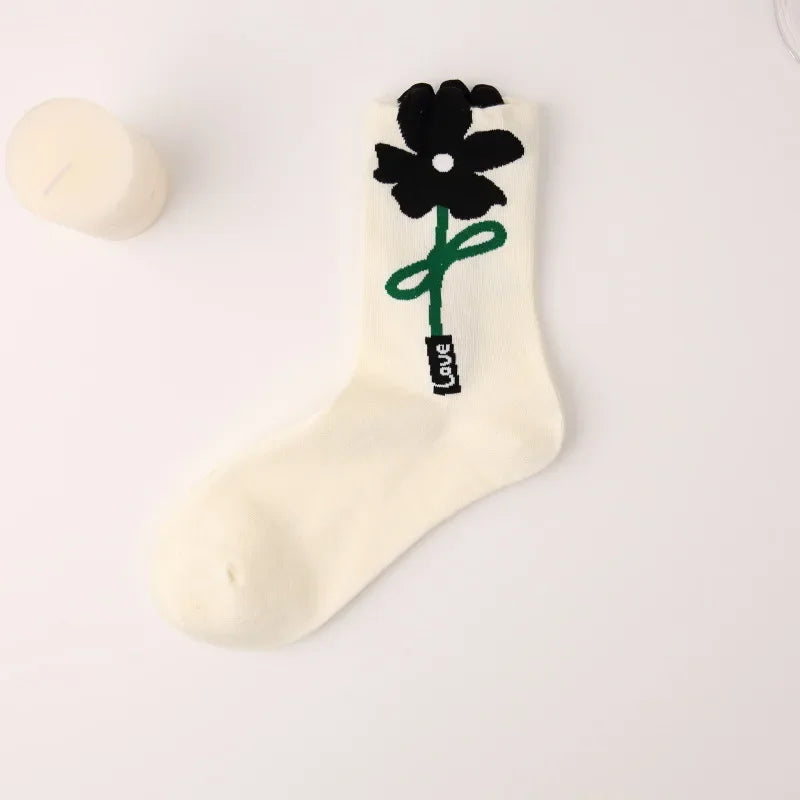 New Style Crew Socks for Women Spring Fashion Cute Flower Long Cotton Socks Japanese Style Breathable Casual Trendy Absorb Sweat