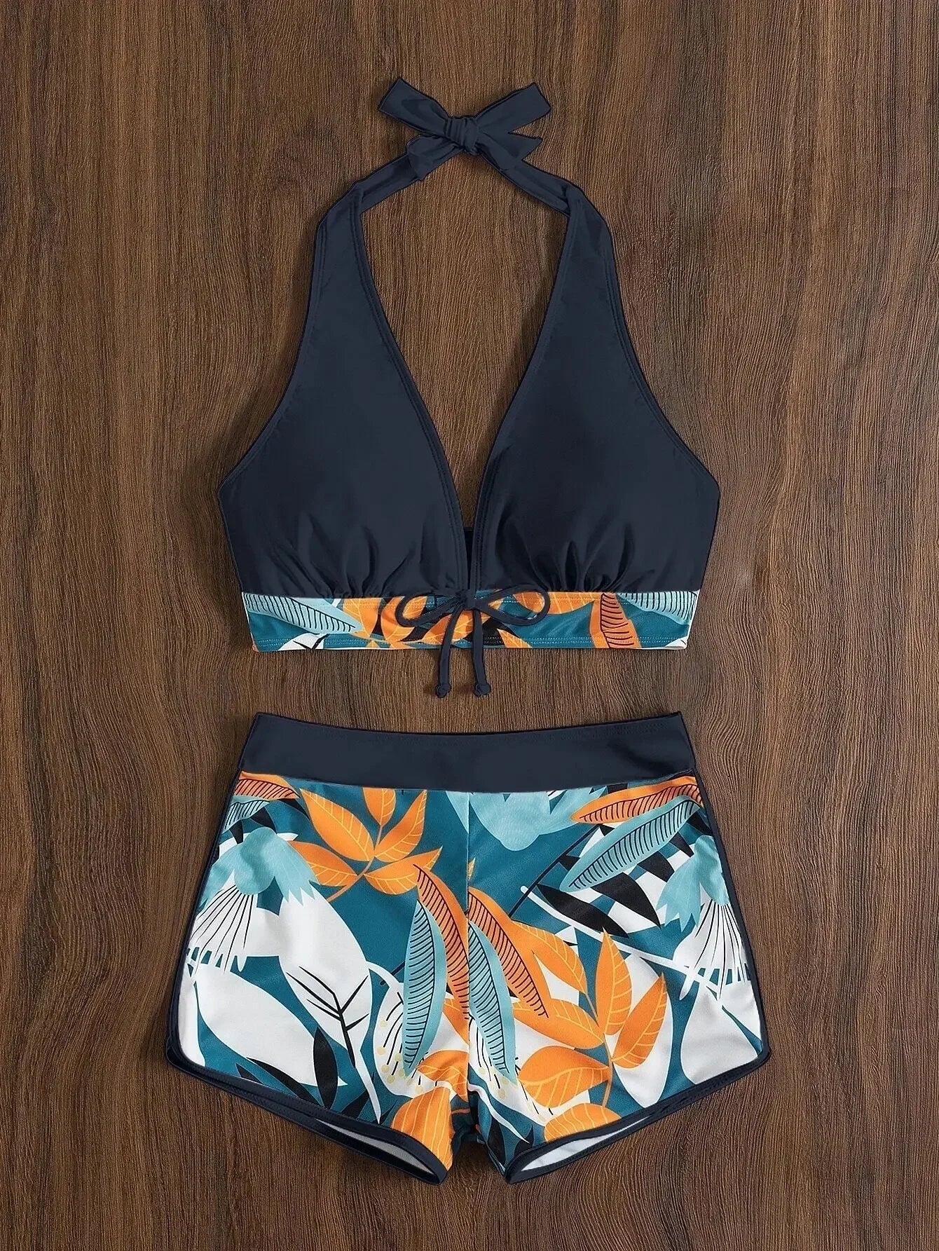 Fashion Printed Swimsuit Women Spliced Lace Up Sporty Surfing Bikini Set Bathing Suit Beachwear Swimwear Female Swimming Suits