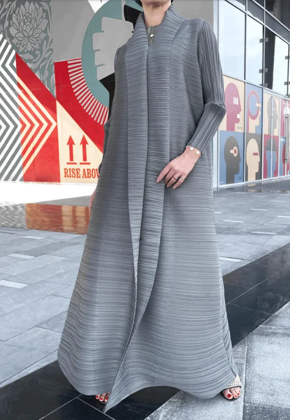 Miyake Pleated abaya with Turn-down Collar, Long Sleeve, Vintage Printed Design, Plus Size