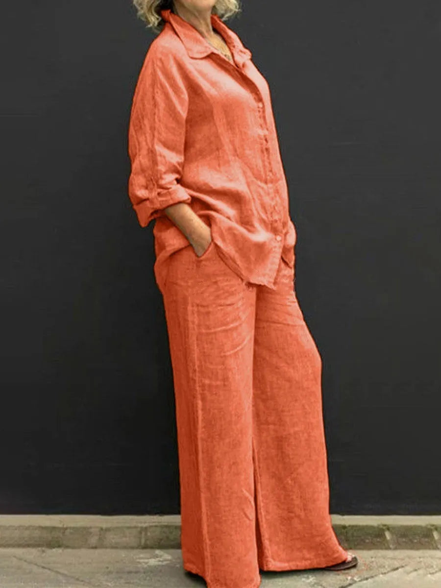 Two Piece Sets Women Outfits,  Fall Simple Long Sleeve Shirt Loose Trousers Set Office Casual.