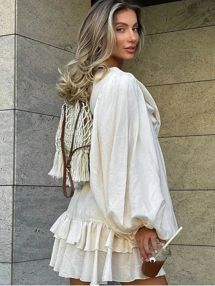 Elegant Layer Ruffles Hem Mini Dresses Chic Loose O Neck Lantern Sleeve Button A-line Cake Dress New Ladies High Street Vestidos