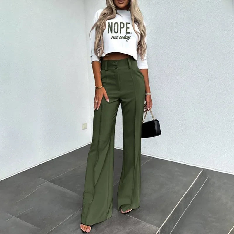 Autumn Winter New Arrivals Women's Clothing Fashion Temperament Pure Color Slim Waist Wide Leg Leisure Two-Piece Set