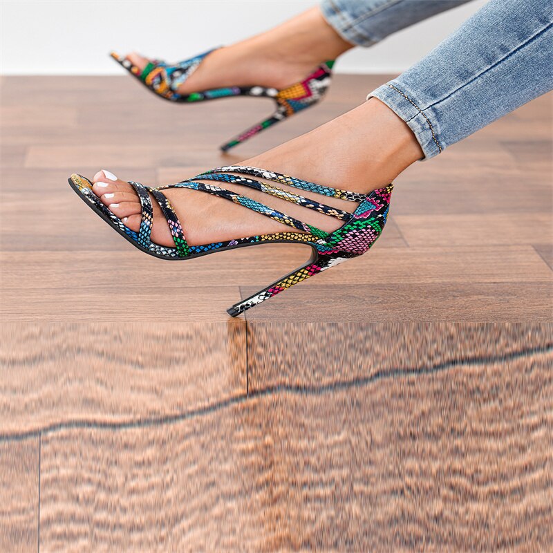 Women's High Heels 2022 Summer New Pointed Toe Snake Print Sexy Design Stilettos Open Toe Garden Shoes Party Rome Women Pumps