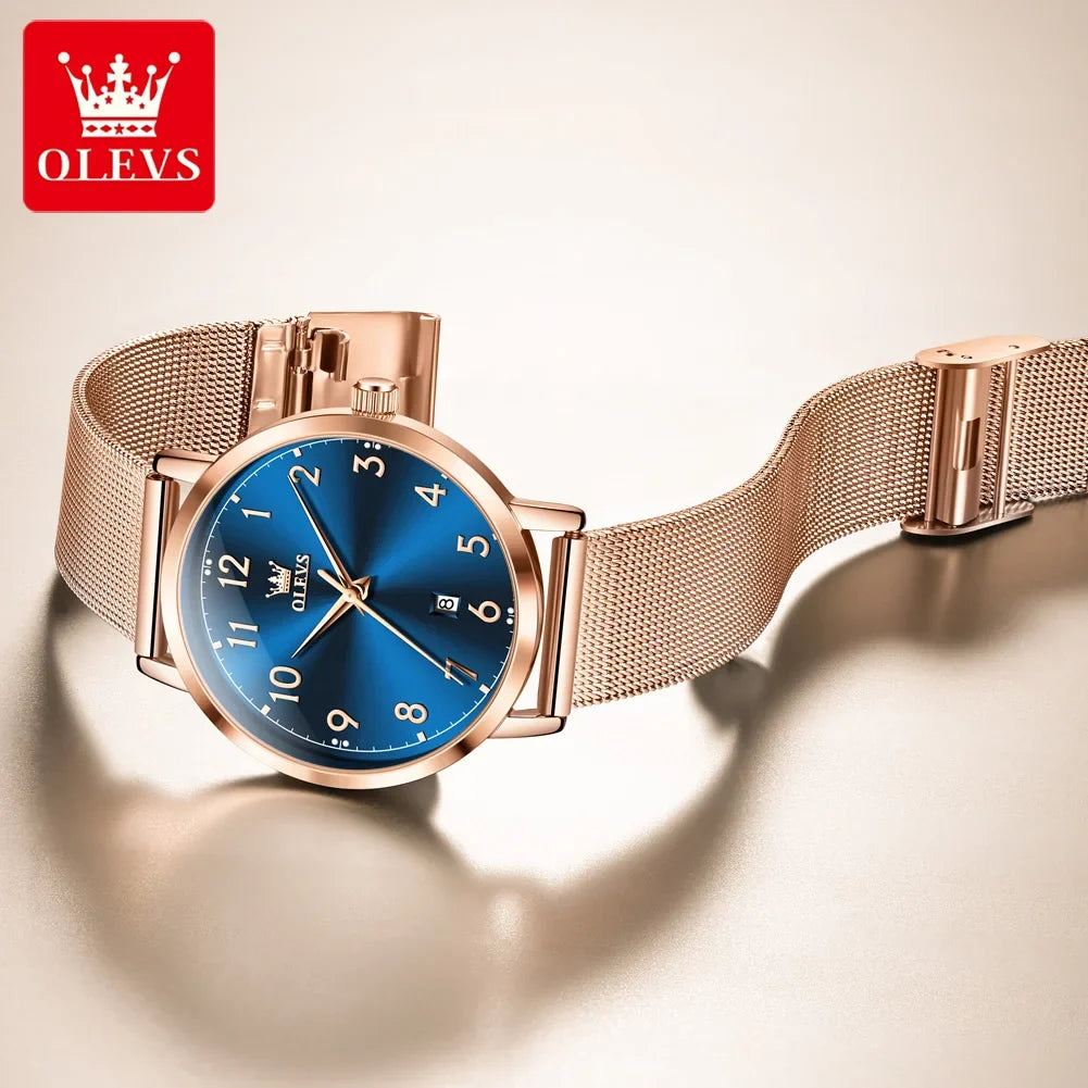 OLEVS 5653 Woman Watches Elegant Original Quartz Watch Waterproof Arabic Numerals Mesh Belt Date Ladies Watch Set Bracelet Watch