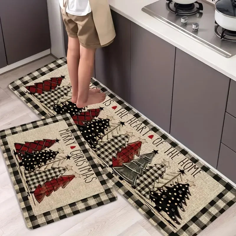 VIKAMA Christmas Tree Theme Rug, Soft Non-Slip Home Decor, Entrance Hall Doormat, Kitchen Two-Piece Mat Set.