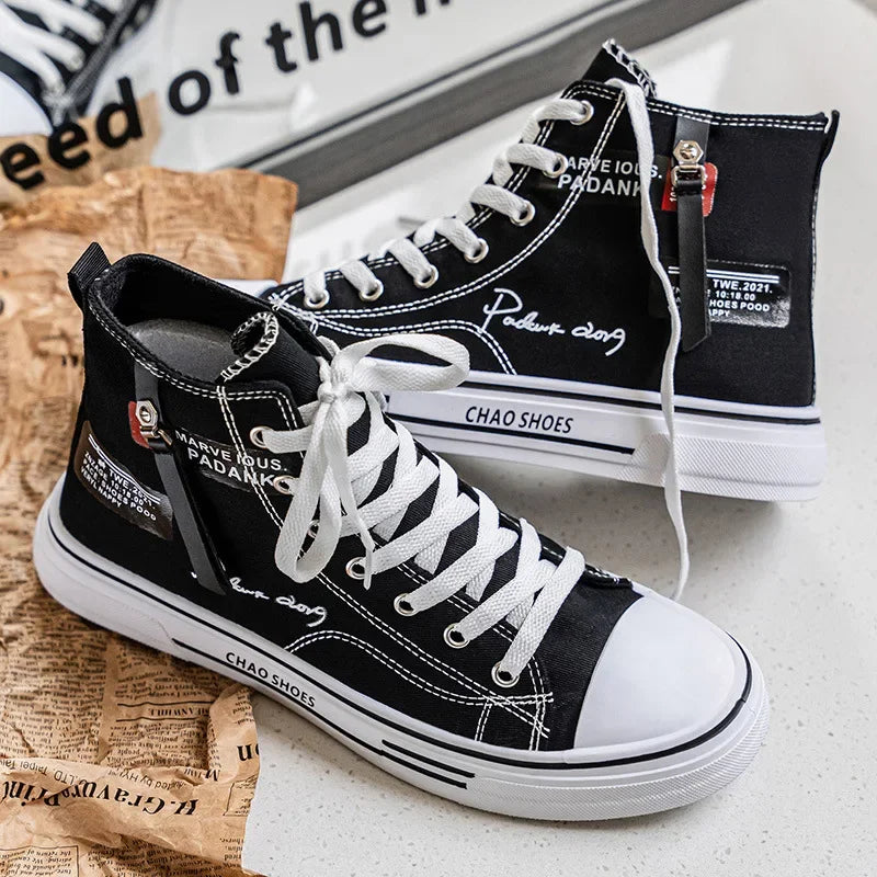 Casual Canvas Shoes for Men, High Top Black Fashionable Spring, Summer, Autumn, Winter Youth Leisure Shoes.