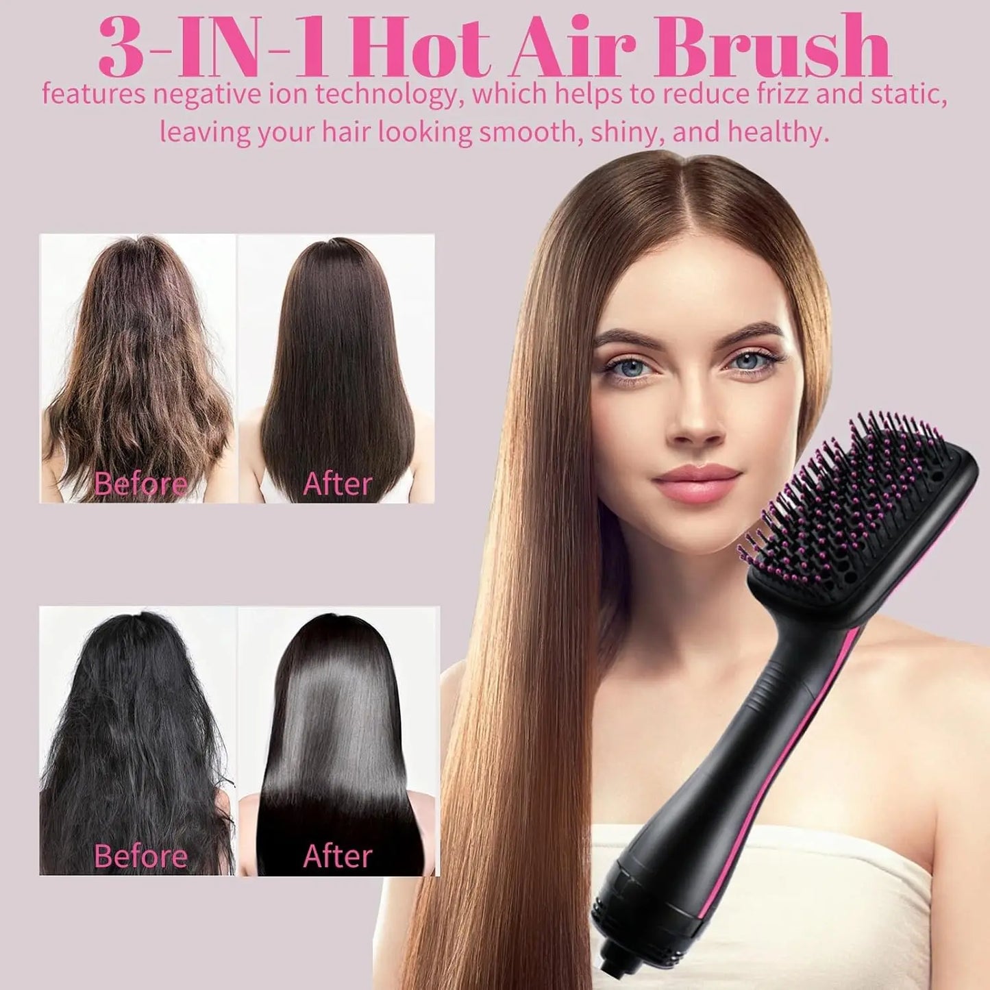 2 in 1 hot air comb, with high-speed ion airflow, use air to straighten, no thermal damage, smart temperature for medium and lon