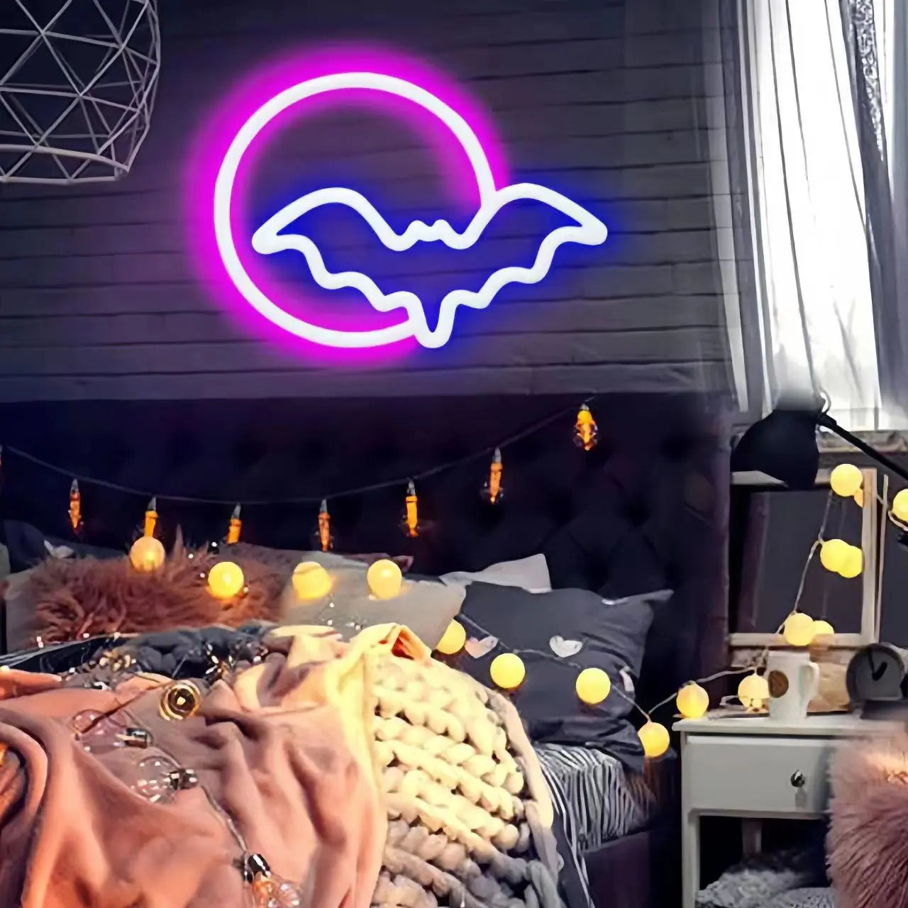 Halloween Neon Sign Moon and Bat, USB/Battery Powered, Bar, Living Room, Home, Party Decorative Lights