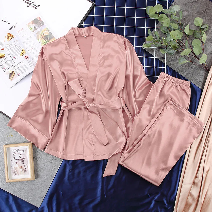 Women's 2024 Matching Sets Pajamas With Belt Satin Tow Pieces Suit Soft Loose Pyjamas Casual Solid Sleepwear Female Home Clothes
