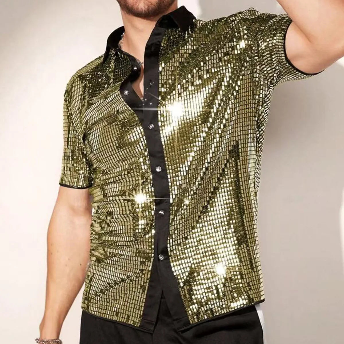 New Arrival Stylish Breathable Sequin Short Sleeve Shirt, Men's Stage Performance Top