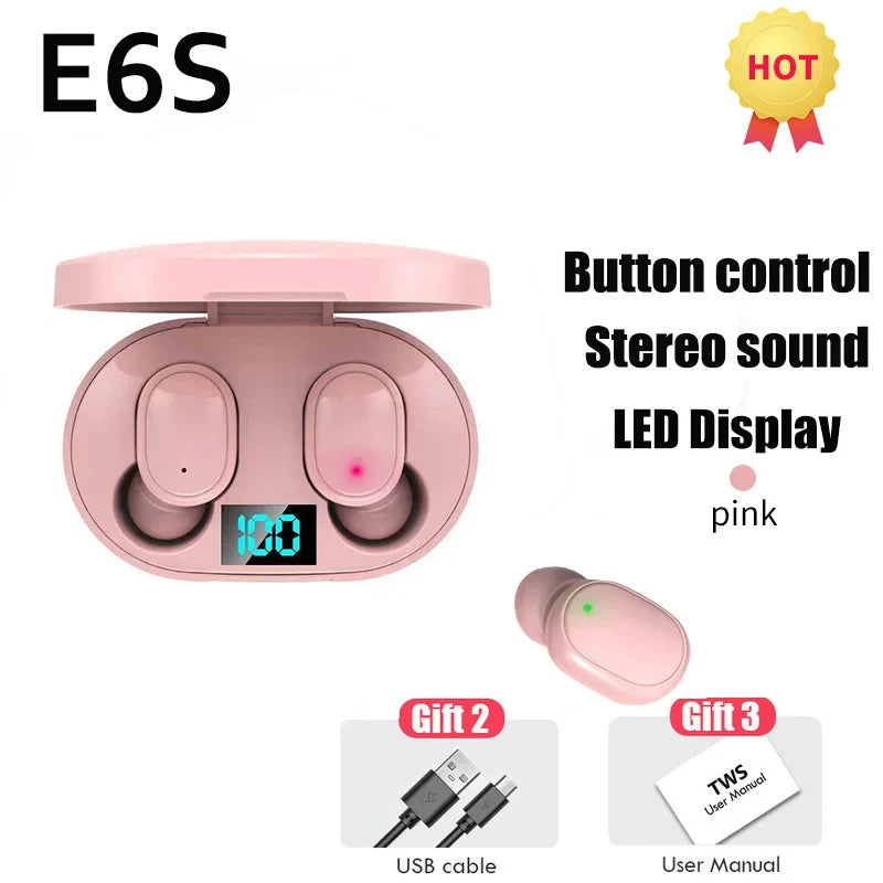 E6S Bluetooth Earphones Gaming Headset Earbuds TWS Blutooth Earphone Wireless Hearing Aids Sports EarBuds HiFi Stereo Headphones