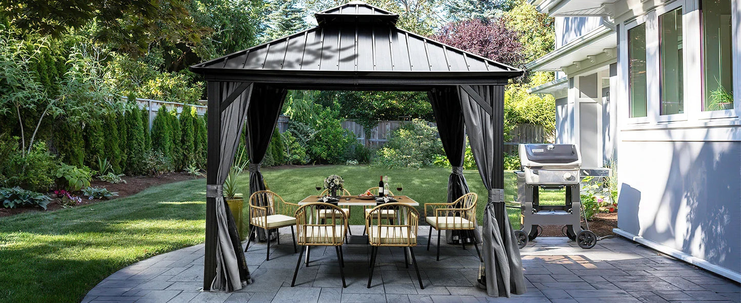 10x10ft Hardtop Gazebo, Nettings and Curtains, Heavy Duty Double Roof Galvanized Steel Outdoor Combined of Vertical Stripes Roof