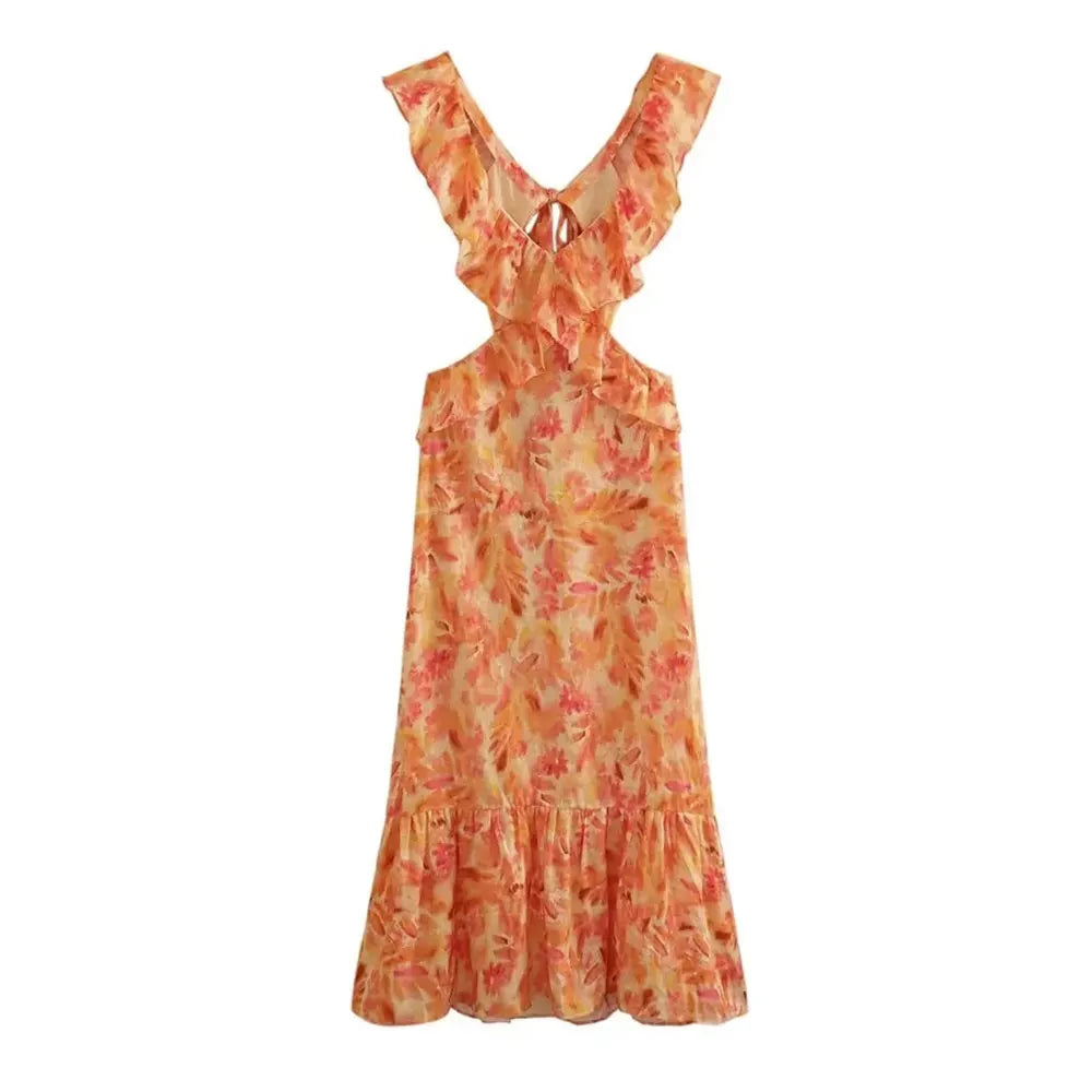 TRAF Summer Fashion Women Sexy V-neck Sleeveless Backless Orange Dress Ruffle Printed Hollow Out Women's Long Dresses For Beach