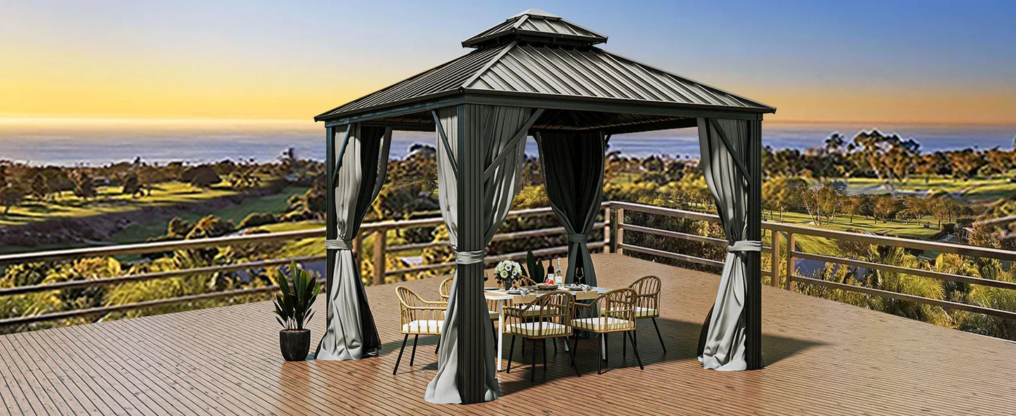 10x10ft Hardtop Gazebo, Nettings and Curtains, Heavy Duty Double Roof Galvanized Steel Outdoor Combined of Vertical Stripes Roof