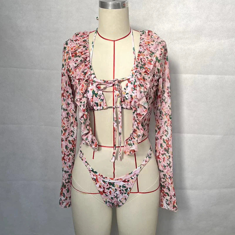BEACHCICI Women's Bikini Three Piece Summer Sexy Retro Floral Print Long Sleeve Halter Neck Tie up Beach Vacation Swimsuit