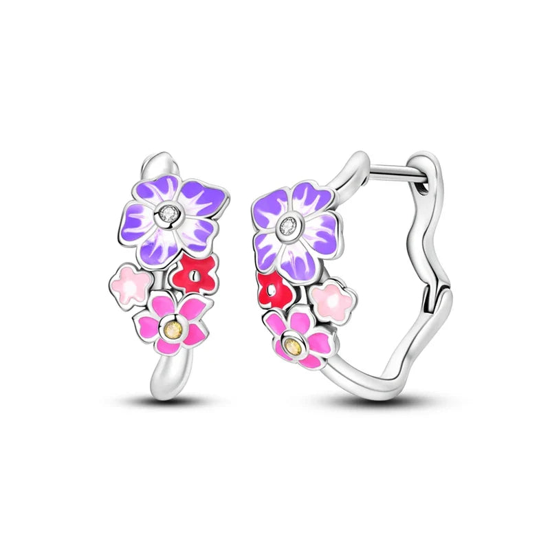 Lovely 925 Sterling Silver Colorful Double Layer Starry Moon&Cat and Dog Cute Pet&Pink and Purple Flower Earrings Girl Jewelry