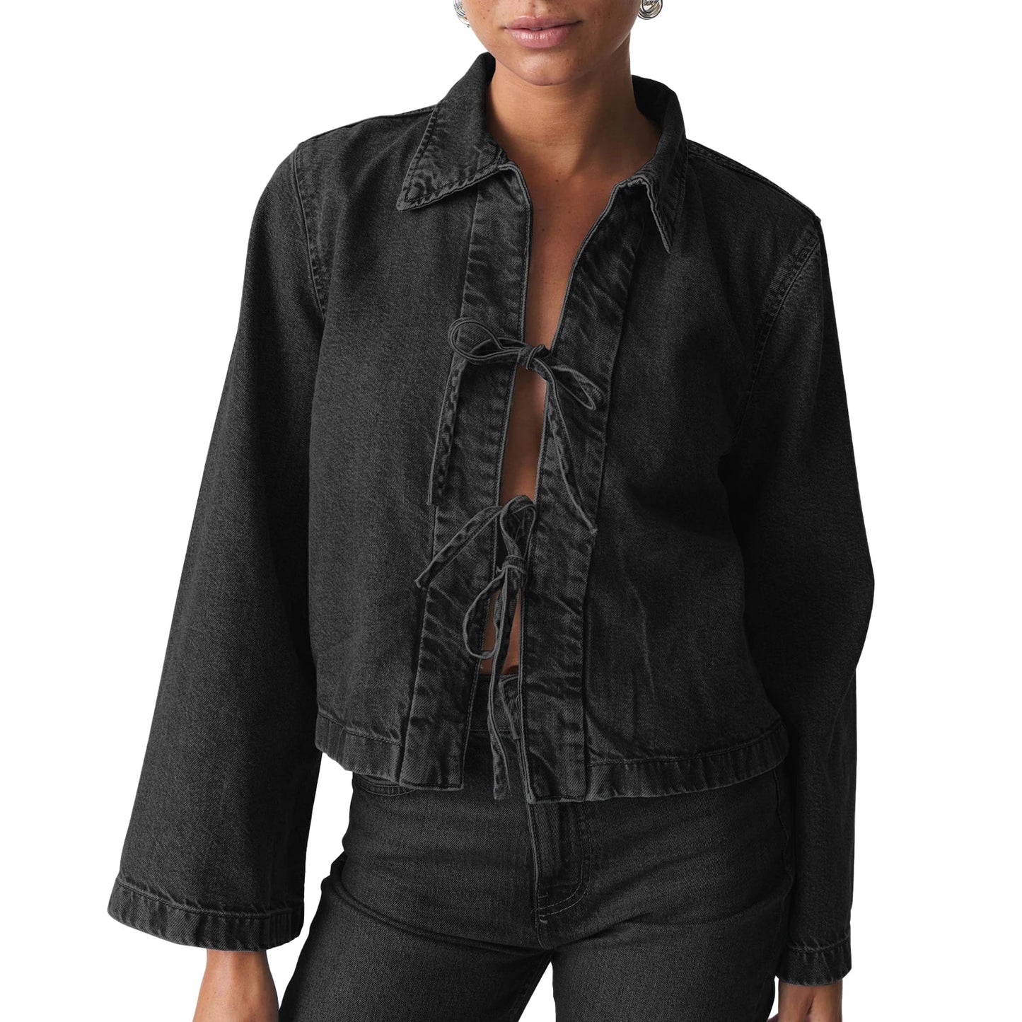 Women s Denim Tie Front Jacket Lapel Neck Solid Color Long Sleeve Casual Crop Fall Coat