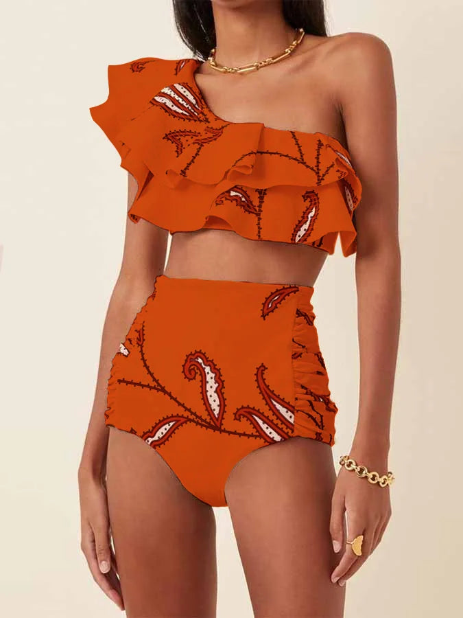 Women's Printed Ruffle Swimsuit Fashion One Shoulder Slash Breasted Bikini Two Piece High Waisted Tummy Tuck Beachwear 2024 New