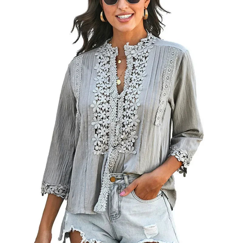 TEELYNN Loose 3/4 sleeve lace blouses shirt women vintage cotton Button v neck causal boho blusa 2020 autumn blouse femme top