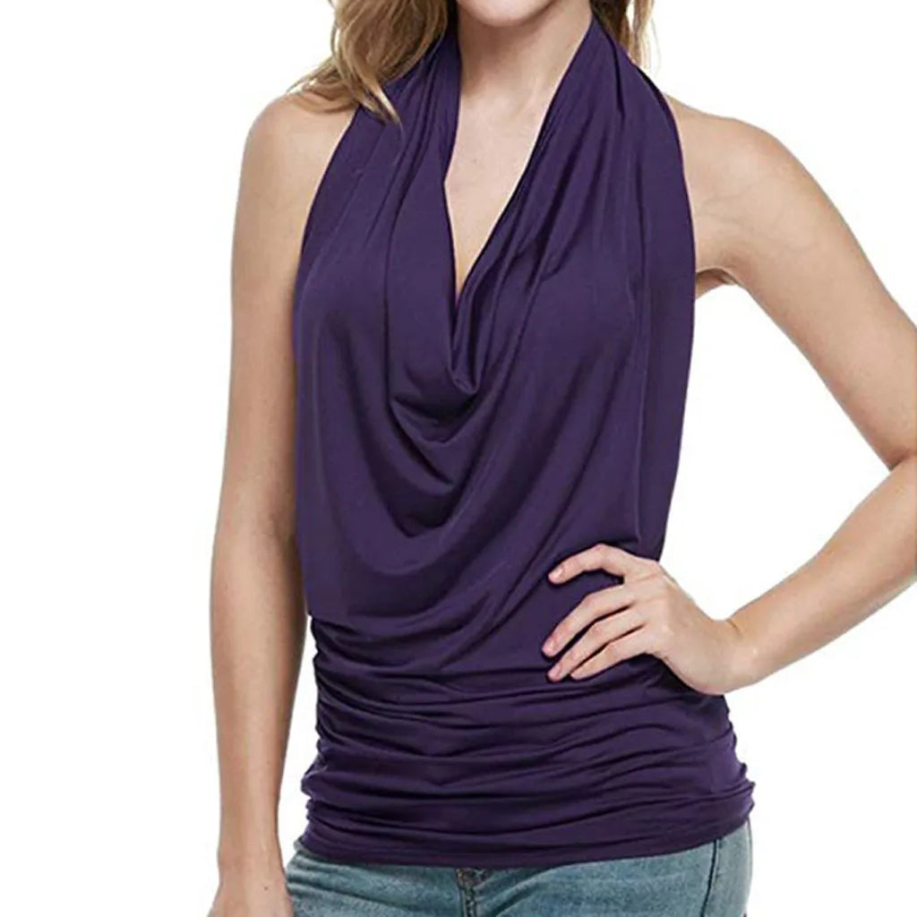 Vintage Tank Top Women Clothes Summer Backless Halter Vest Sexy Drape Cowl V Neck Women's Sleeveless Beachwear Solid Shirt Blusa