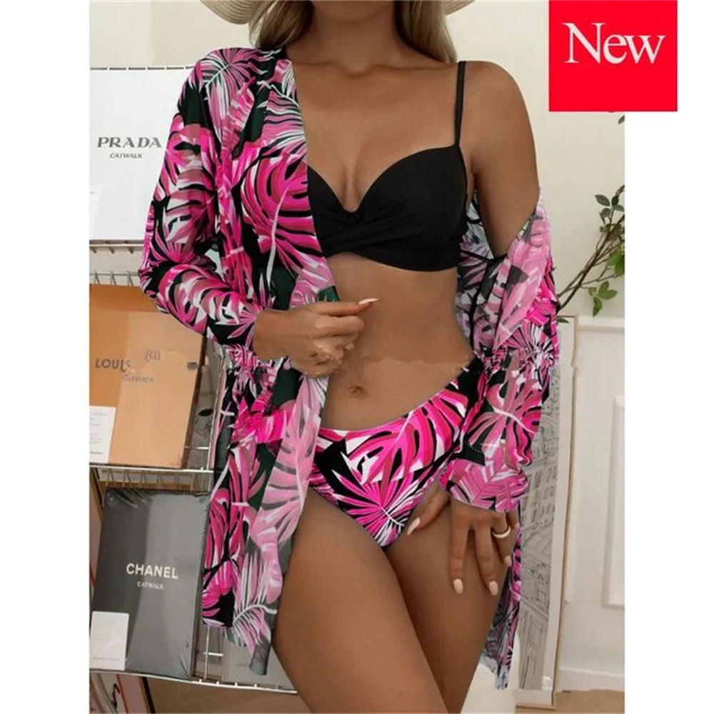Three Pieces Bikini Set Cover Up Women New Push Up Twist Swimsuit Print Long Sleeve Swimwear Biquini Bathing Suit Summer