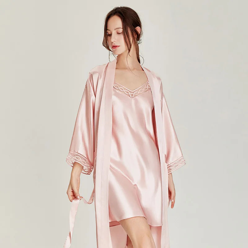 Birdtree 100%Real Mulberry Silk Pajamas Women Pyjamas Female Kimono Robe & Sleepwear 2 Pcs Pajama Sets Silk Nightgown S37111QM