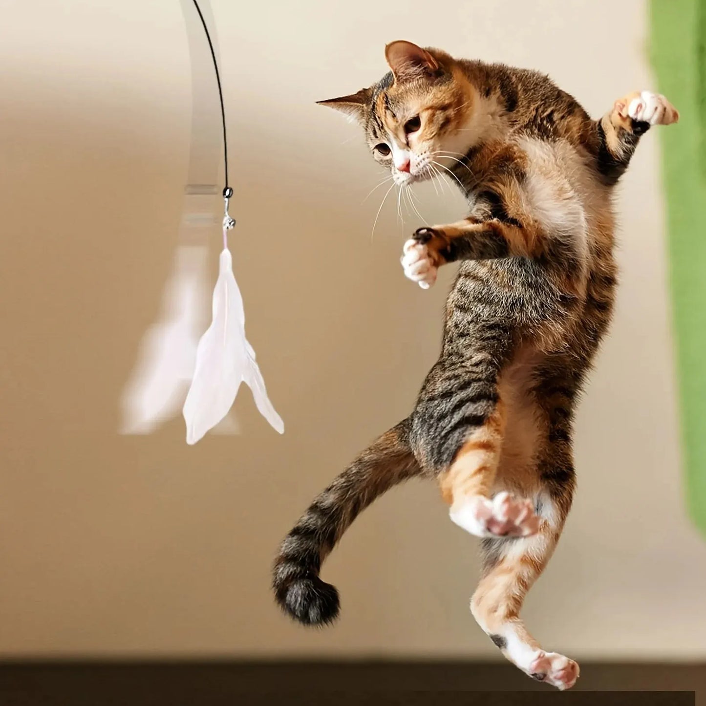 Cat Teaser Toy - Interactive Bell & Feather Wand - Long Suction Cup
