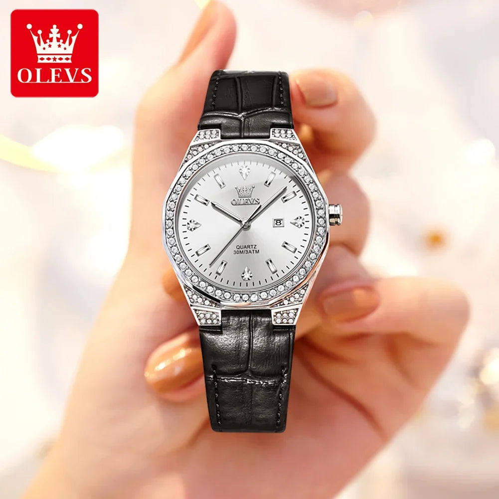 OLEVS Diamond Lap Women's Watches Luxury Original Quartz Watch for Women Fashion Leather Strap Waterproof Girls Dress Wristwatch