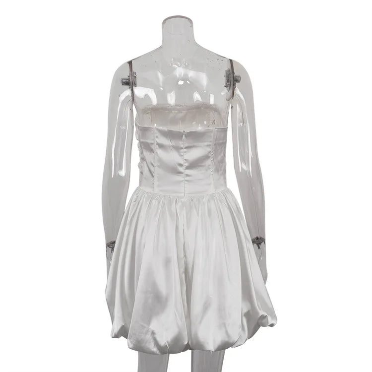 White Pleated Mini Dress For Women Bandeau Slim Patchwork Backless Elegant Fashion Dress Solid Female Party Dress 2024 New