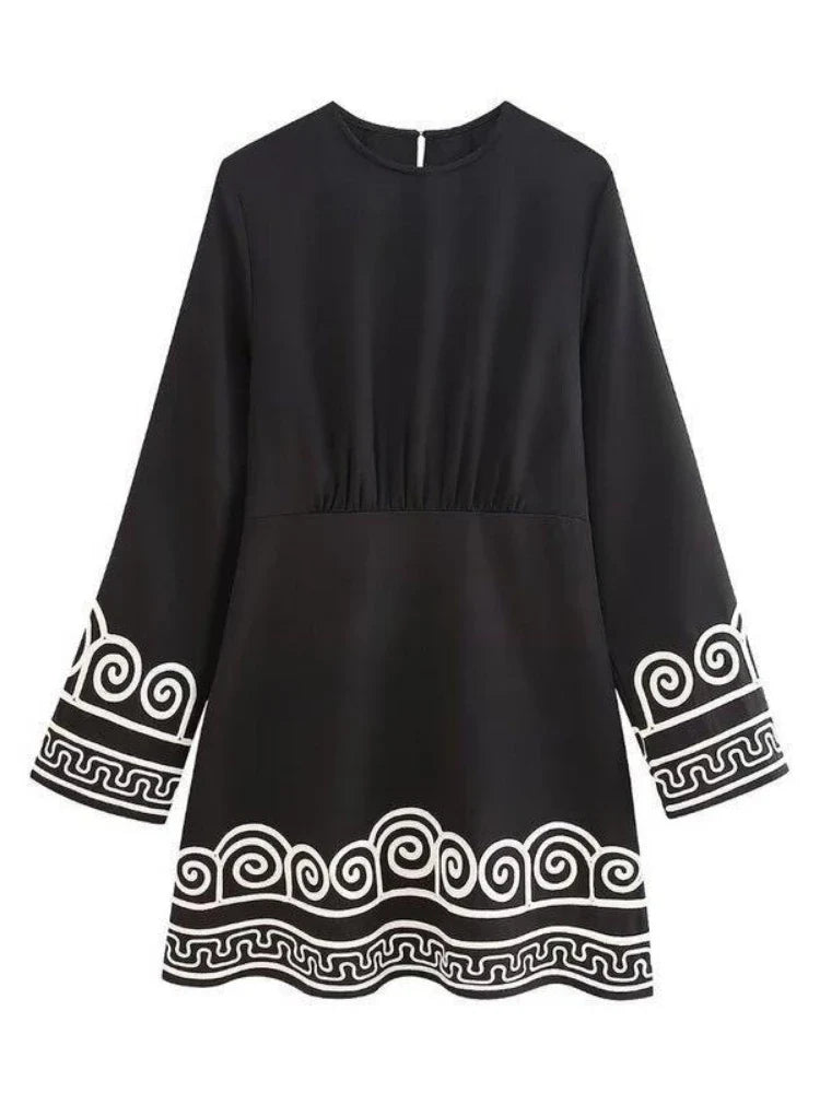 ZBZA Women's Embroidery Patchwork Dress Round Neck Long Sleeve Back Button Pleated Mini Shirt Skirt Autumn Female Chic Dresses