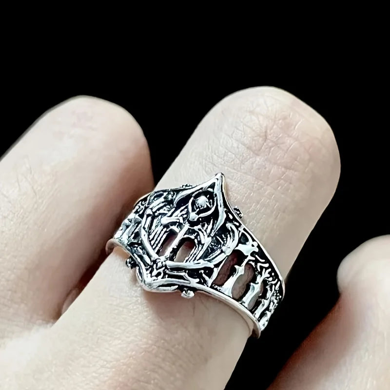 Vintage Antique Silver Gothic Hollow Wide Band Ring Dark Punk Openwork Architecture Carved Finger Ring Retro Hip Hop Biker Aesthetic Statement Jewelry Gift