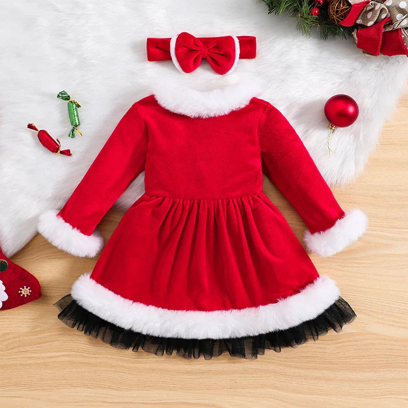 1-6years Kids Girl Christmas Dress Long Sleeve Furry Patchwork Dress With Bowknot Cosplay Xmas Dress For Girls