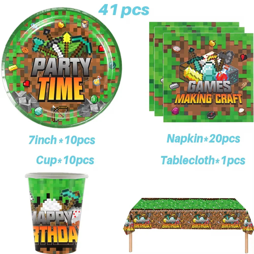Miner Crafting Pixel Video Game Party Decor Disposable Tableware Cup Plate Tablecloth Balloon Baby Shower Kid Boy Party Supplies