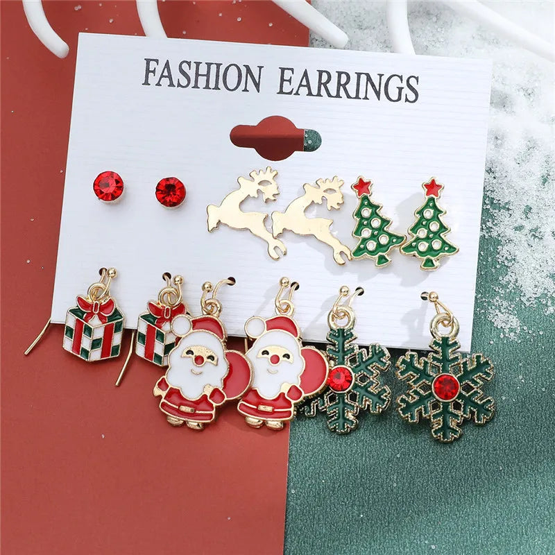 6 pairs Christmas Stud Earrings Xmas Tree Brown Elk Snowman Santa Claus Cute Christmas Earrings Christmas Gifts For Women Girls