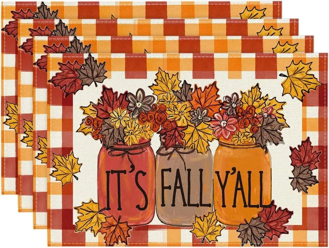 4PCS Thanksgiving Day Table Placemats 30*45cm Linen Autumn Pumpkin Maple Leaf Printed Dining Table Mat Festive Table Decoration