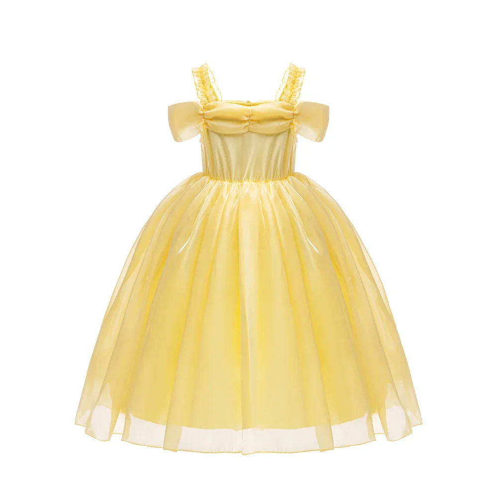 Halloween Girls Princess Belle Dress Up Evening Party Yellow Shoulderless Elegant Long Dresses Beauty Beast Fairy Costume Wig