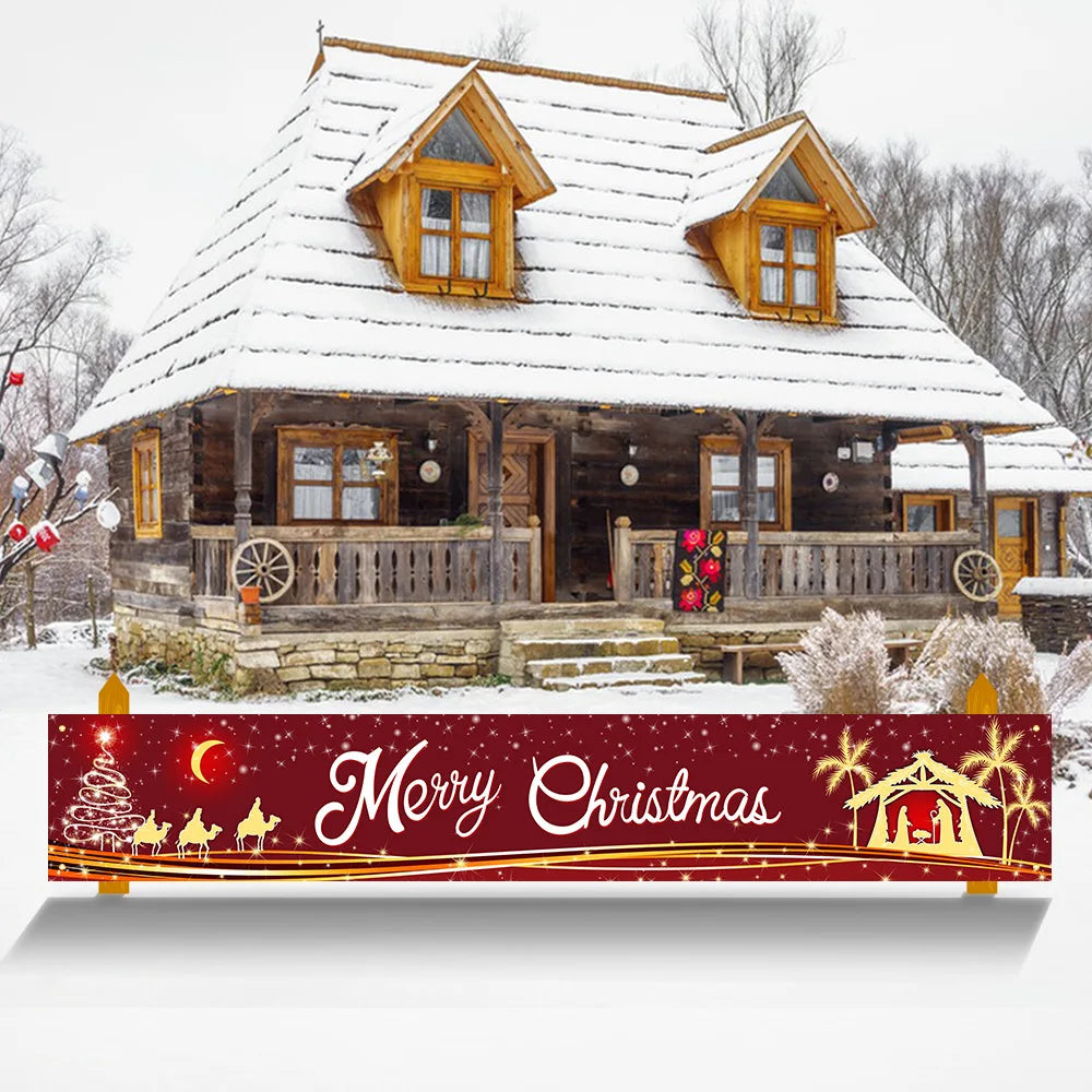 Merry Christmas Banner 300cm/9.8ft Long Navidad Porch Sign Hanging Decorative Flag for Xmas Party Decor рождественский баннер