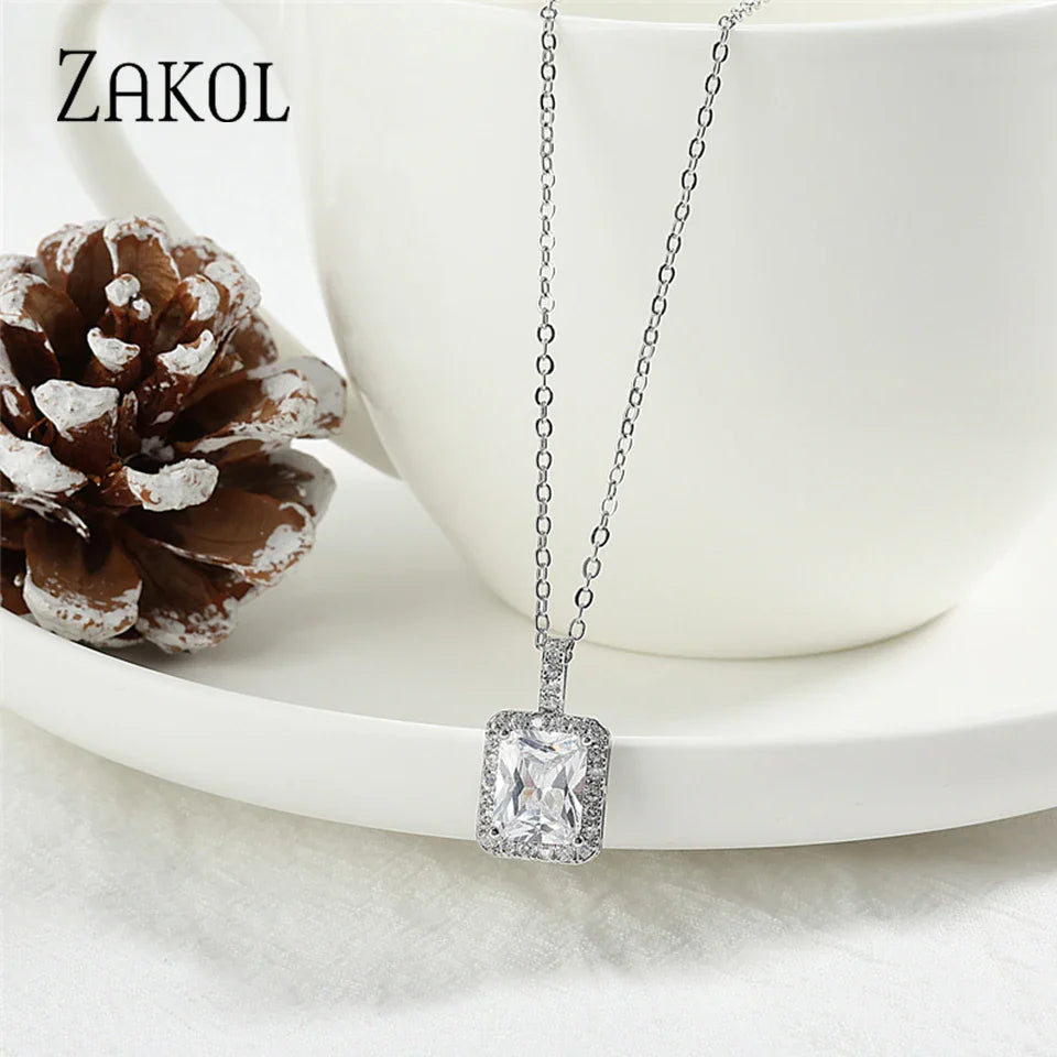 ZAKOL Simple Round Zirconia Pendant Necklaces for Women Shiny Crystal Fashion Party Dress Jewelry