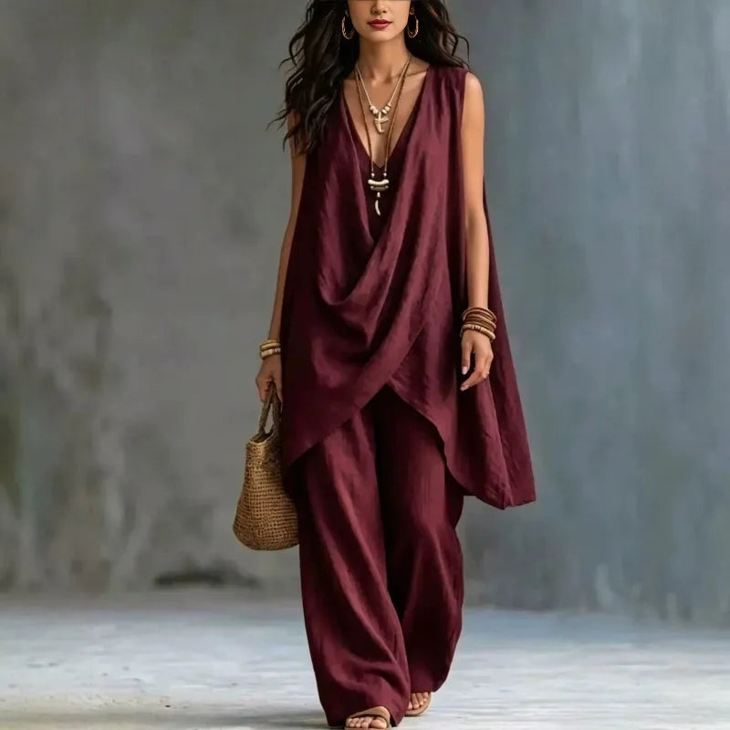 2026 Summer Linen Cotton Sleeveless Stand Collar Set Women Casual Loose Fit Solid Wide Leg Pants Vacation Outfit