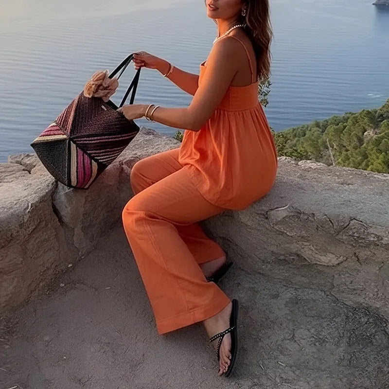 Women's Fashion Orange Linen Cotton Two Piece Sets Summer Sleeveless Sling Top & Straight Pant Casual Beach Holiday Outfits
