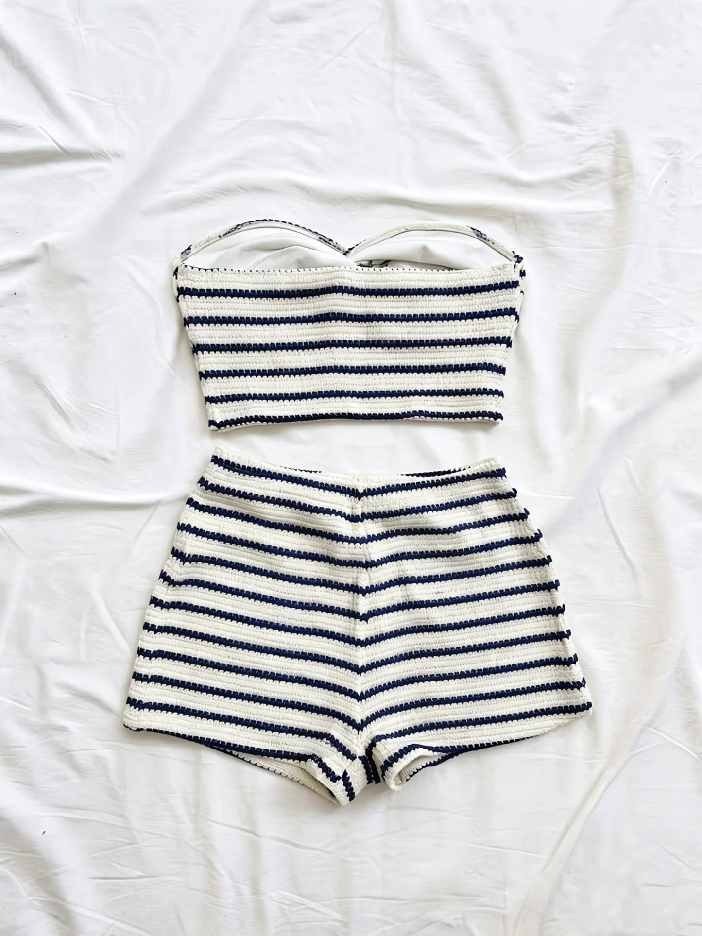 Striped Knit 2-Piece Set, Twist-Front Bandeau Top + Shorts