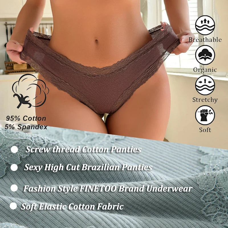 10PCS/Set Women Lace Cotton Panties, Sexy Low-Waist Brazilian Panties, Solid Color Female Underwear.