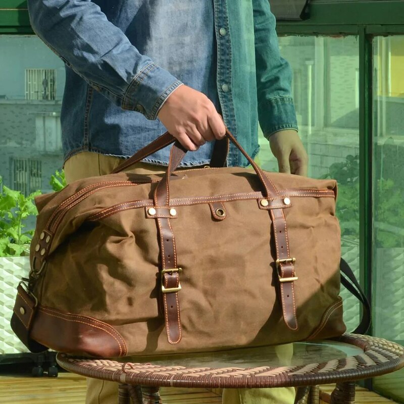 Vintage Leather Canvas Carry On Shoulder Handbag for Women Overnight Weekender Bag for Travel XM69