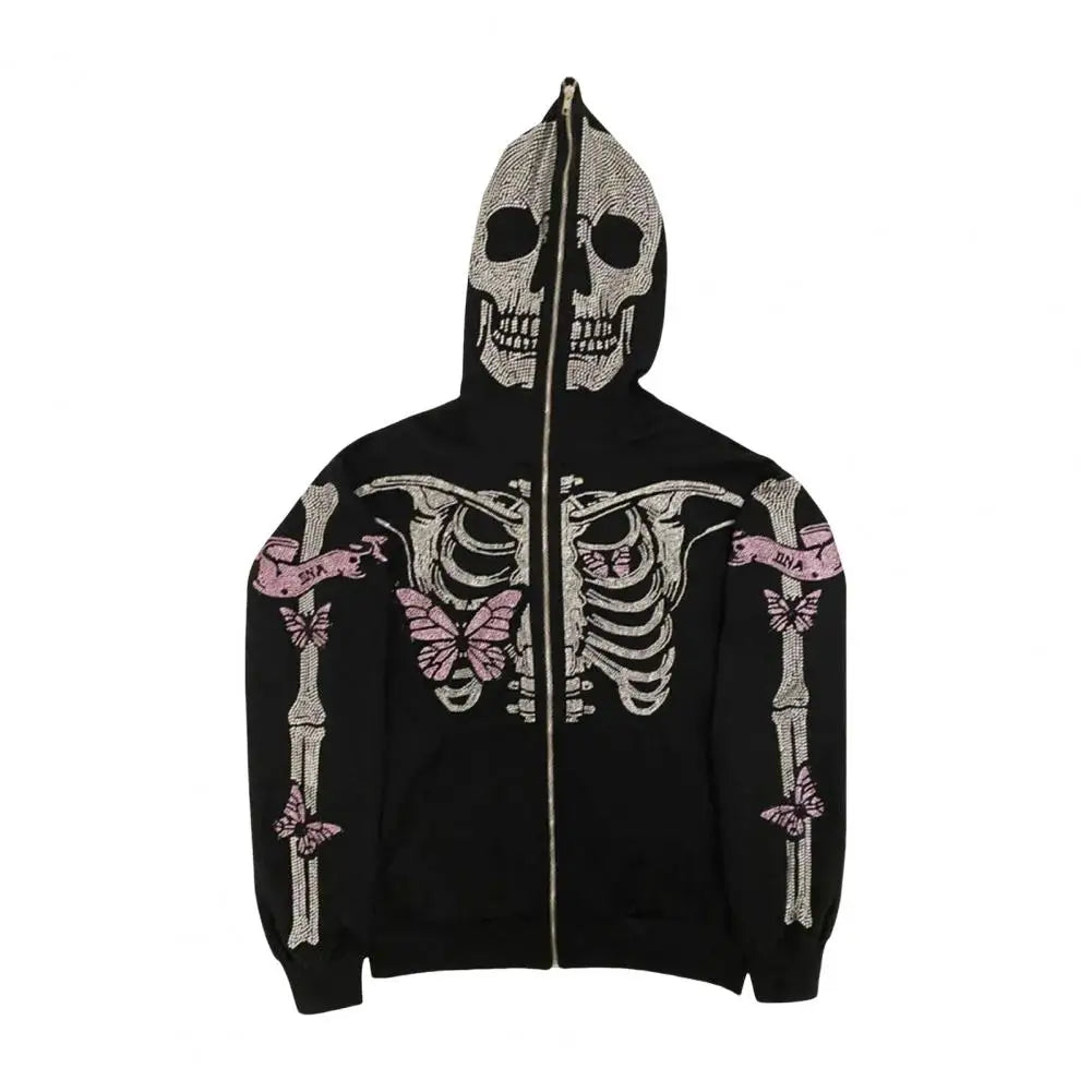 Unisex Hoodie Rhinestone Ghost Skeleton Halloween Hoodie with Zipper Closure Pockets for Unisex Party Cosplay Costume Fall
