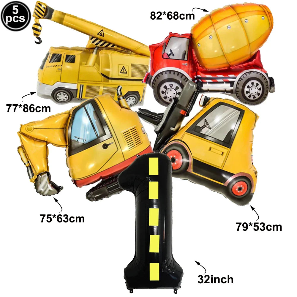 5pcs Construction Themed Balloon Carton Vehicle Balloon Excavator Forklift Crane Balloons for Boy's Construction Birthday Party