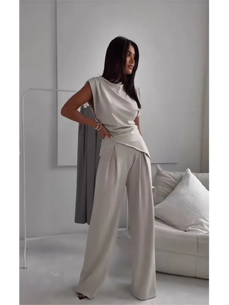 Casual Solid Color Two Piece Set Woman Outfit 2025 Summer Fashion Slim High Waist Tops And Trousers Pant Sets Suit