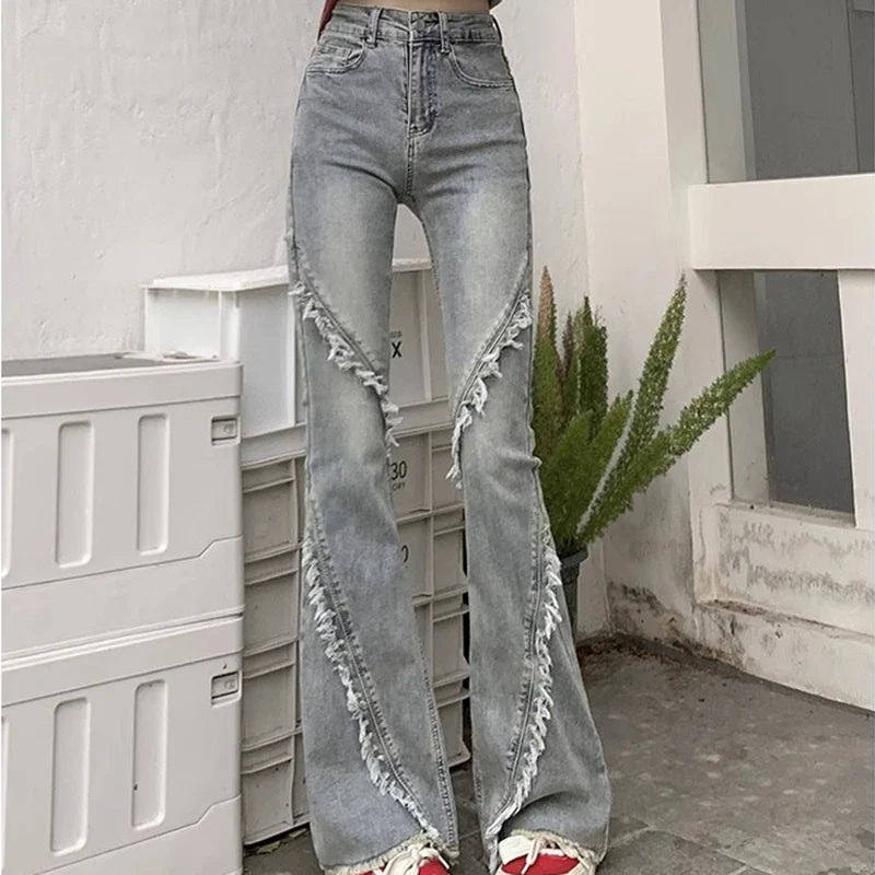 2024 Woman Korean High Waist Narrow Jeans Lady High Street Slim Fit Denim Flare Pants Female Blue Fashion Bell Bottom Trousers