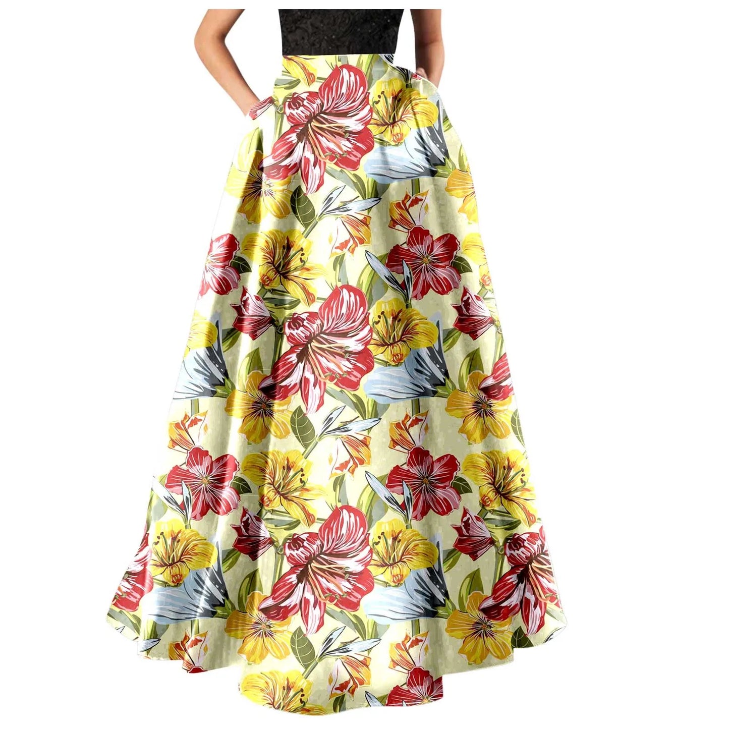 Bohemian Skirts For Women High Waisted Beach Maxi Skirt Wth Pockets Boho Floral Print Skirts Summer A Line Flowy Skirt 롱스커트