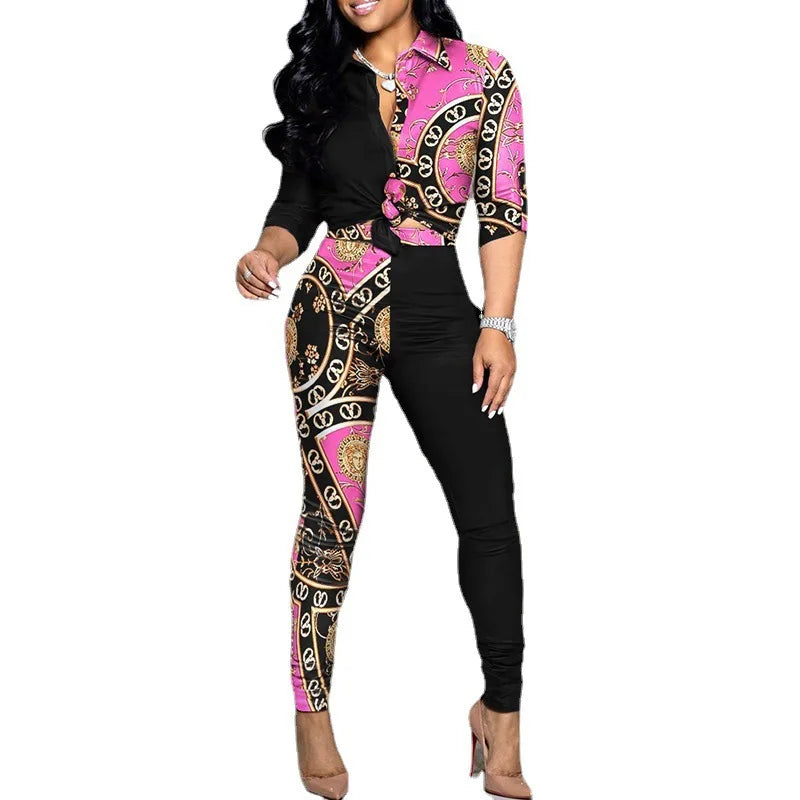 Women's Spring Summer New Set Fashion Color Blocked Printed Long Sleeve Collar Single Breasted Shirt Casual Pants Two Piece Set
