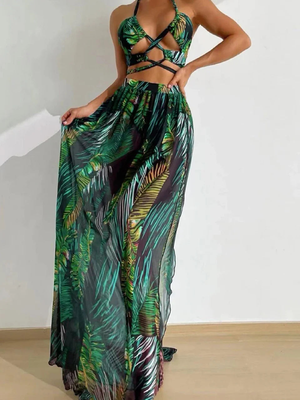 3 Pieces Tie Dye Cross Bikini 2025 Women Sexy Halter Swimsuit & Cover Up Pants Swimwear Bathers Bathing Swimming Suit Beachwear